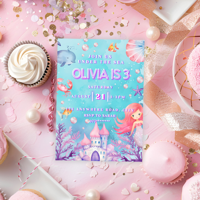 3rd Birthday Mermaid Invitation, Ocean Animals Under the Sea Theme