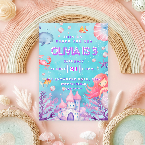 3rd Birthday Mermaid Invitation, Ocean Animals Under the Sea Theme