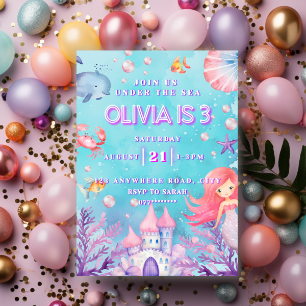 3rd Birthday Mermaid Invitation, Ocean Animals Under the Sea Theme