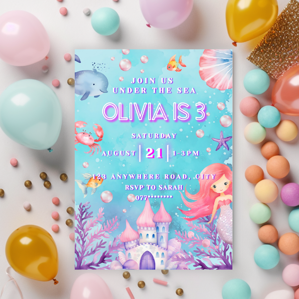 3rd Birthday Mermaid Invitation, Ocean Animals Under the Sea Theme