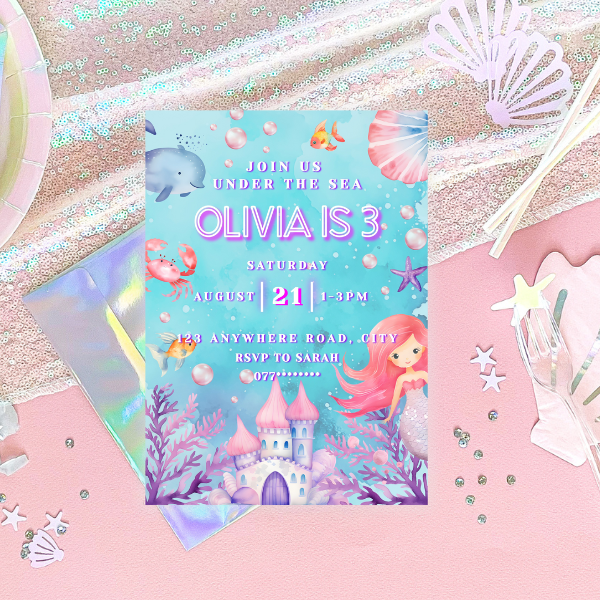 3rd Birthday Mermaid Invitation, Ocean Animals Under the Sea Theme