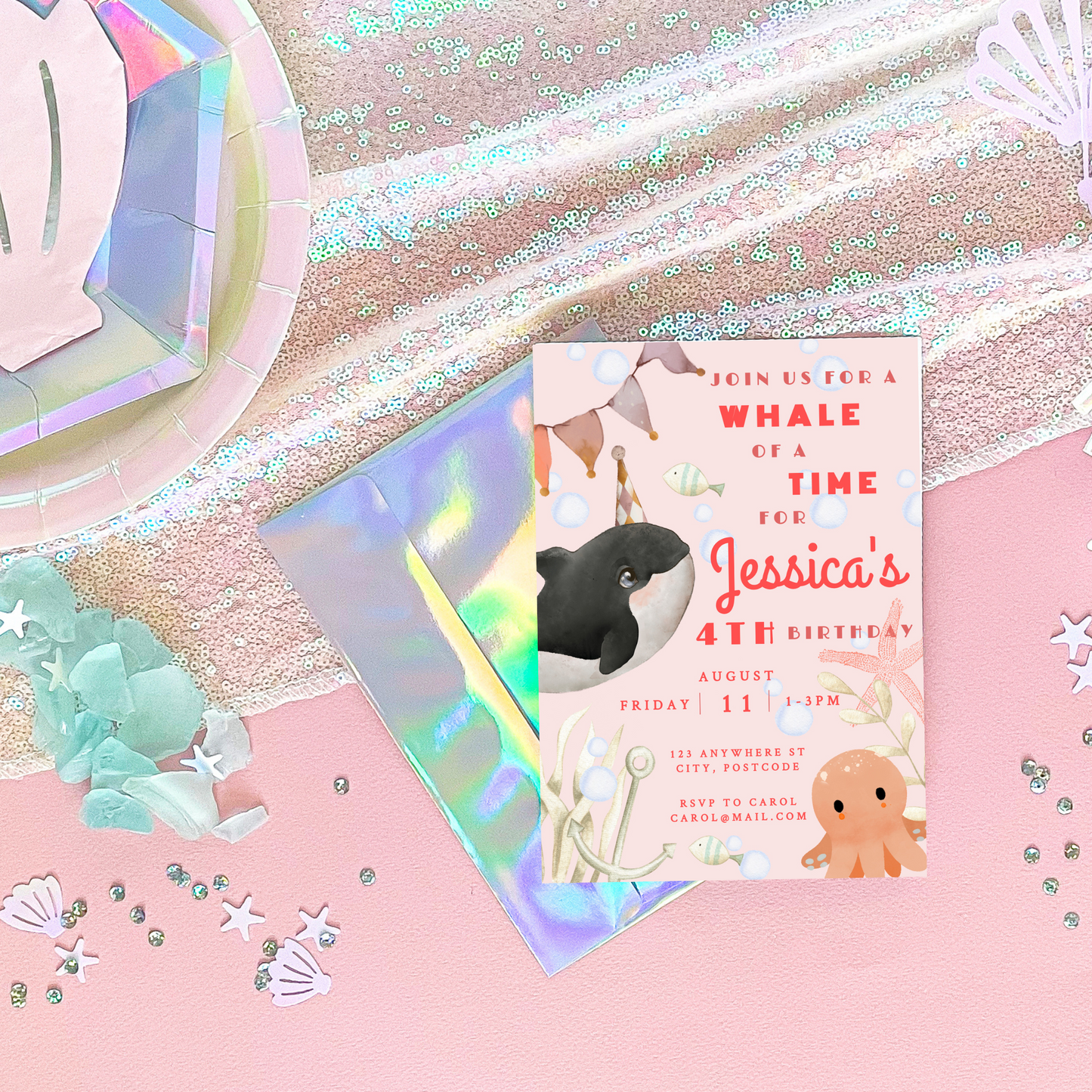 Whale of a Time 4th Birthday Invitation, Ocean Animals Theme, Under The Sea, Girl Birthday