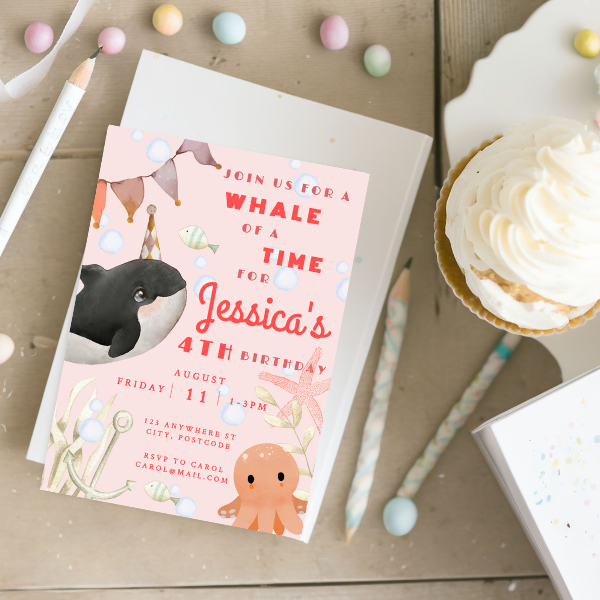 Whale of a Time 4th Birthday Invitation, Ocean Animals Theme, Under The Sea, Girl Birthday