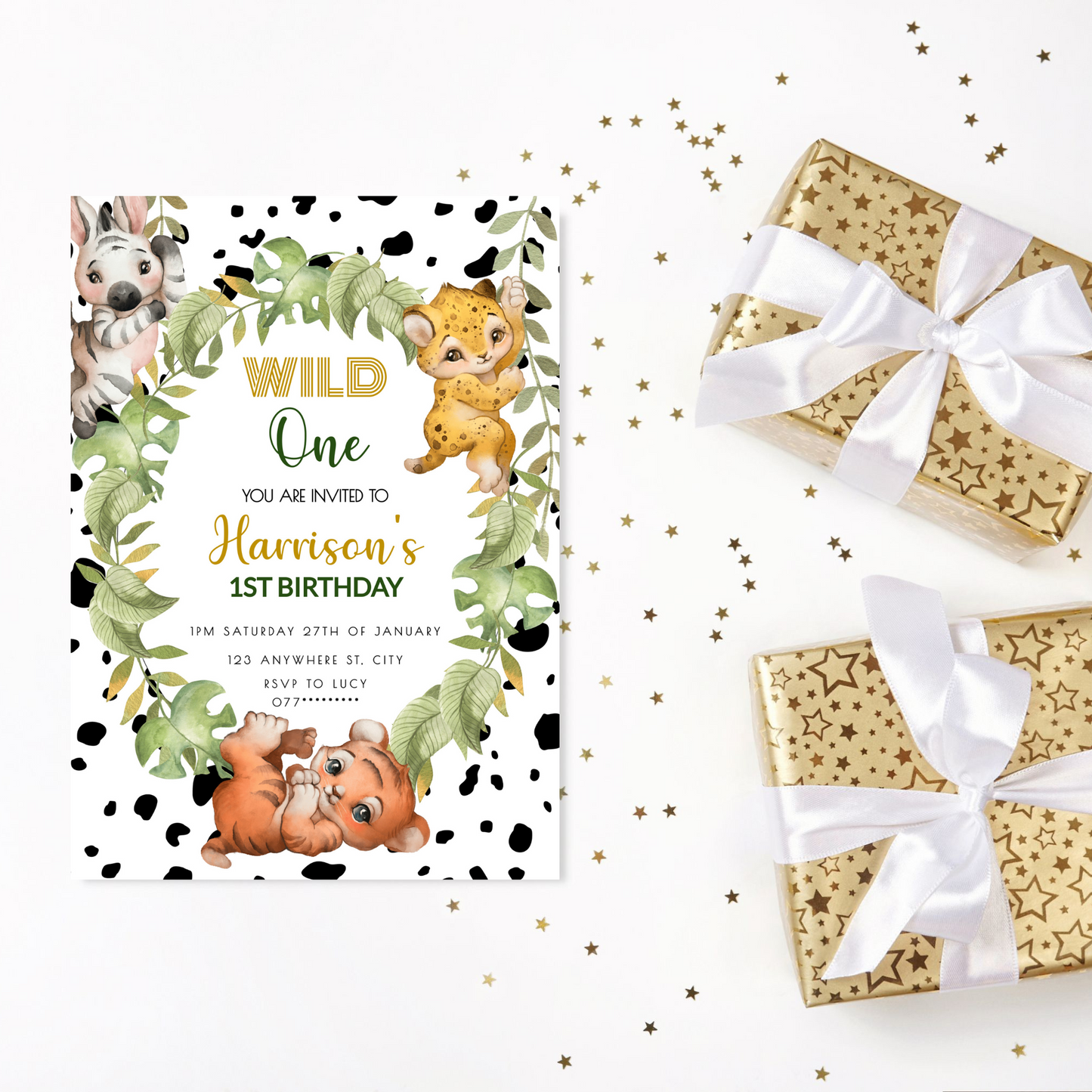 Wild One First Birthday Party Invitation, Jungle Safari Animal Theme