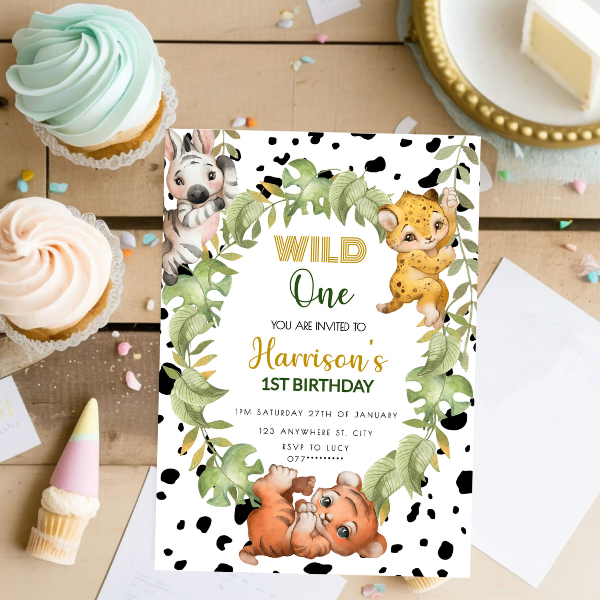 Wild One First Birthday Party Invitation, Jungle Safari Animal Theme