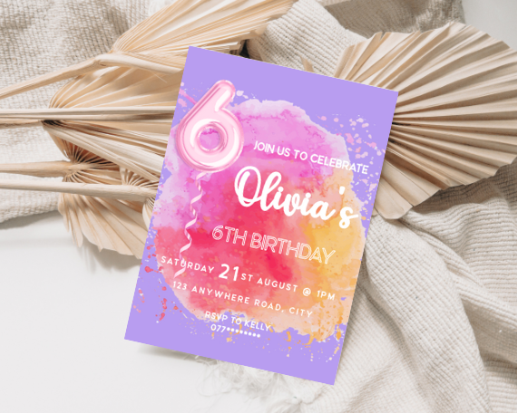Foil Balloon Children's Sixth Birthday Party Invitation, Colour Splash Theme