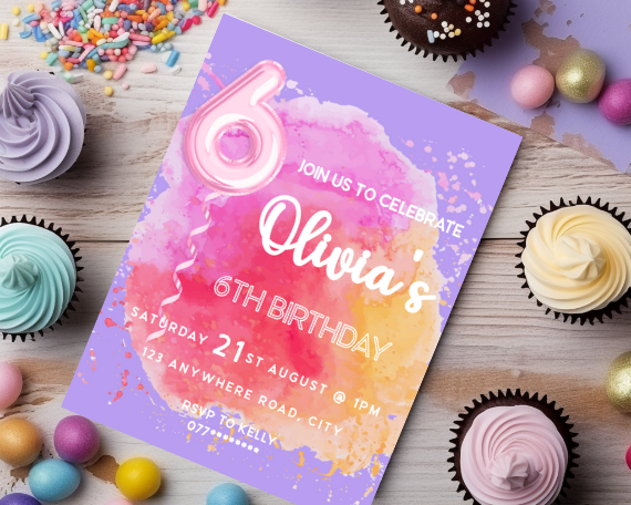 Foil Balloon Children's Sixth Birthday Party Invitation, Colour Splash Theme