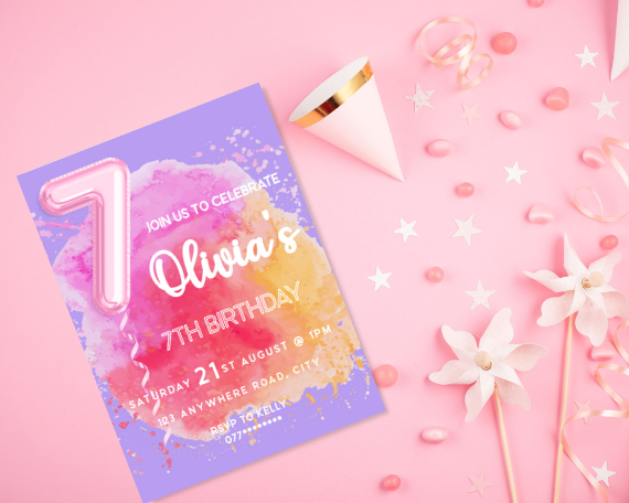 Foil Balloon Children's Seventh Birthday Party Invitation, Colour Splash Theme