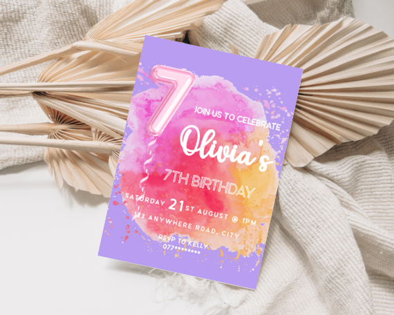 Foil Balloon Children's Seventh Birthday Party Invitation, Colour Splash Theme