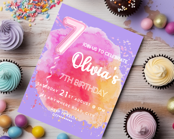 Foil Balloon Children's Seventh Birthday Party Invitation, Colour Splash Theme