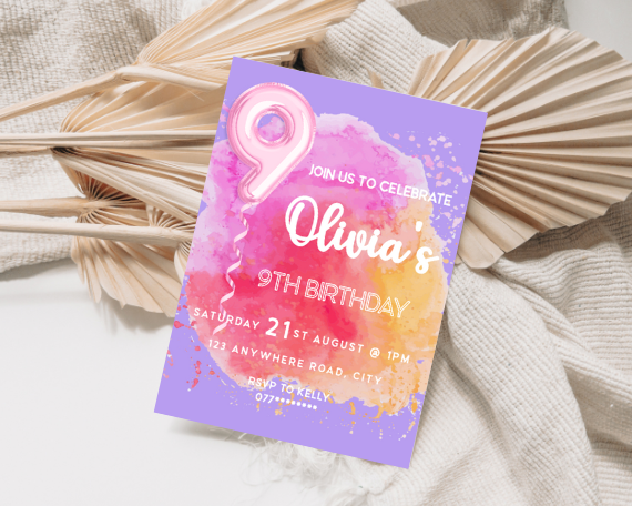 Foil Balloon Children's Ninth Birthday Party Invitation, Colour Splash Theme
