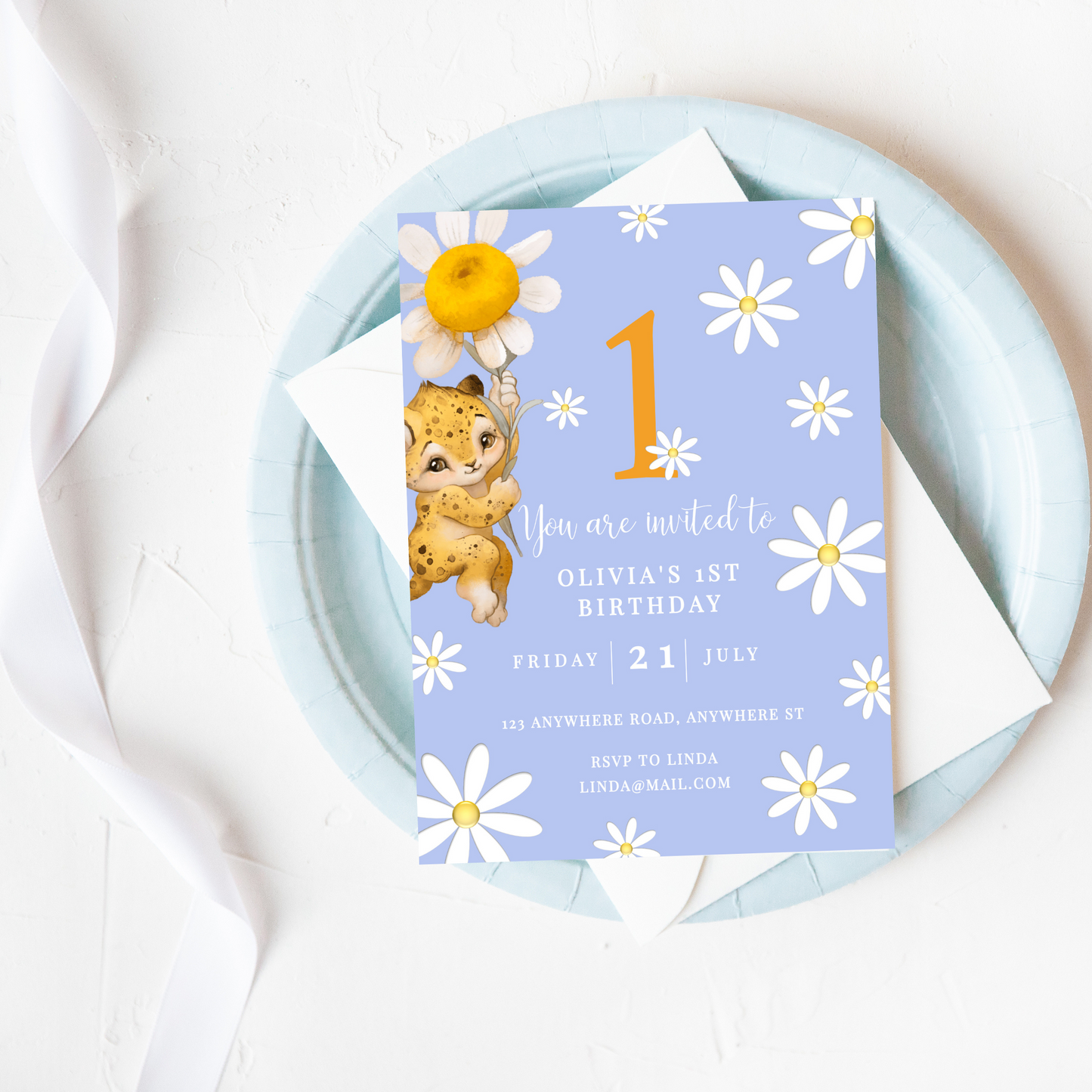 Blue Daisy First Birthday Invitation, Flower Theme, Neutral