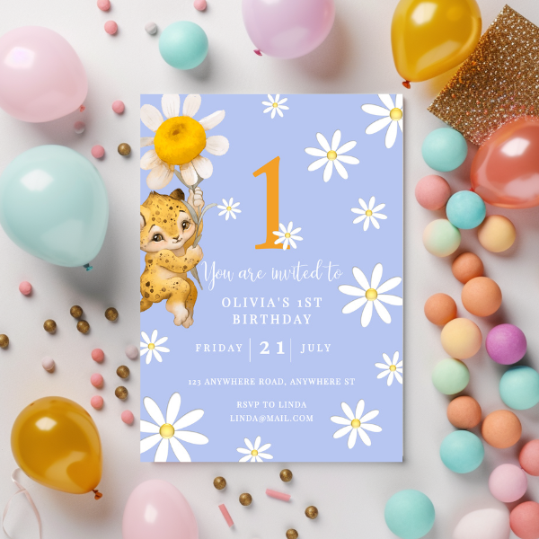 Blue Daisy First Birthday Invitation, Flower Theme, Neutral
