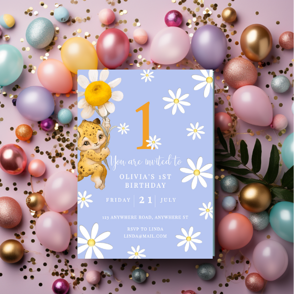 Blue Daisy First Birthday Invitation, Flower Theme, Neutral