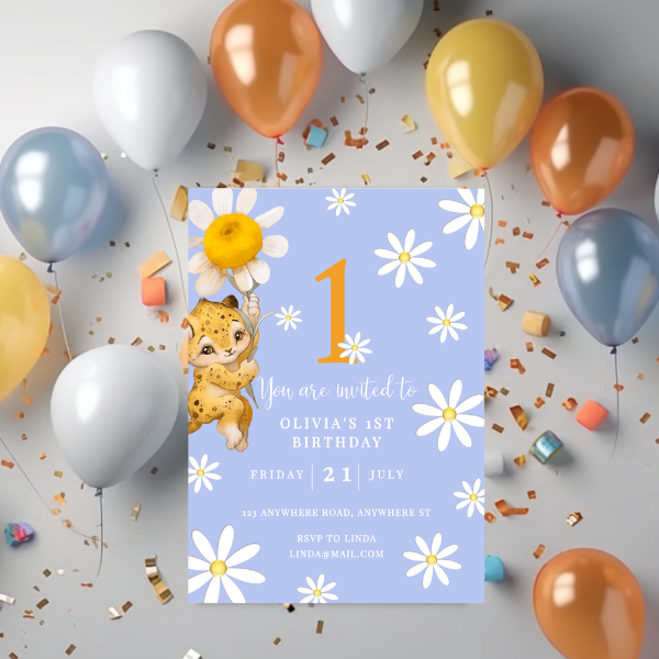 Blue Daisy First Birthday Invitation, Flower Theme, Neutral