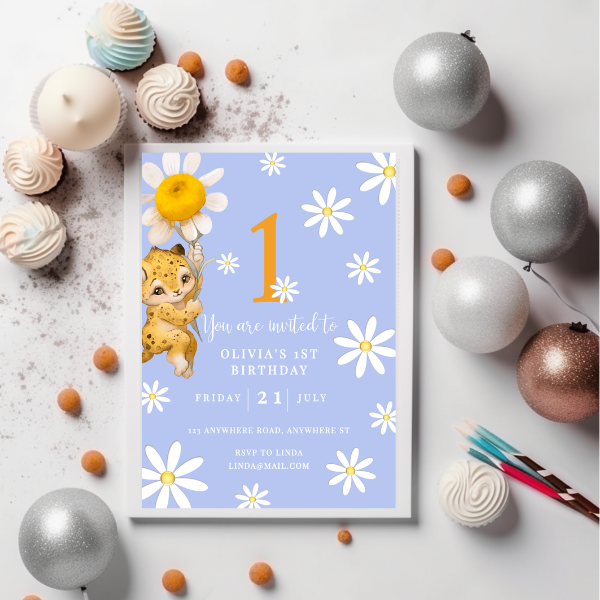 Blue Daisy First Birthday Invitation, Flower Theme, Neutral