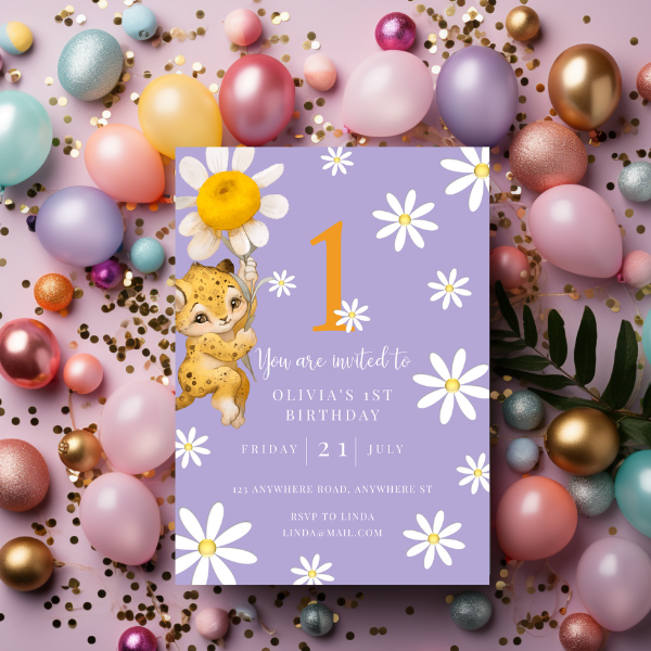 Lilac Daisy First Birthday Invitation, Purple Flower Theme, Neutral