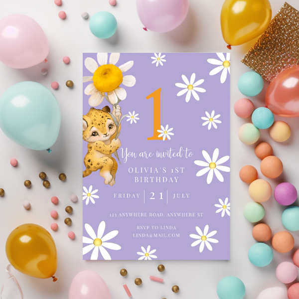 Lilac Daisy First Birthday Invitation, Purple Flower Theme, Neutral