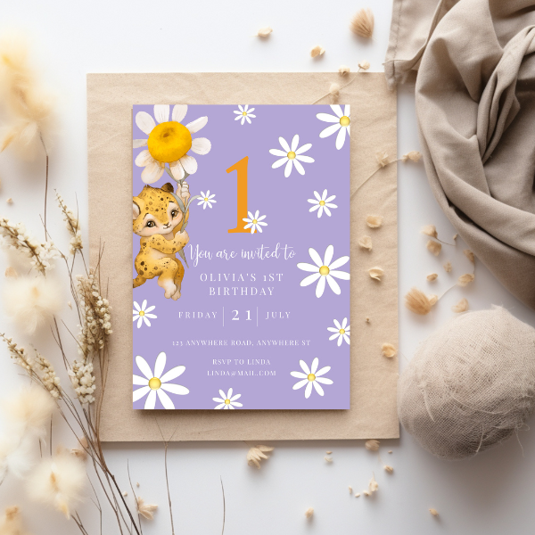 Lilac Daisy First Birthday Invitation, Purple Flower Theme, Neutral