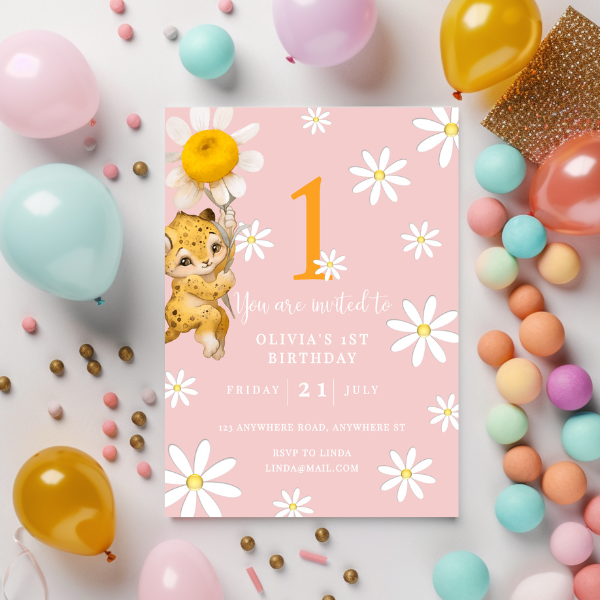 Pink Daisy First Birthday Invitation, Flower Theme, Baby Girl's Birthday