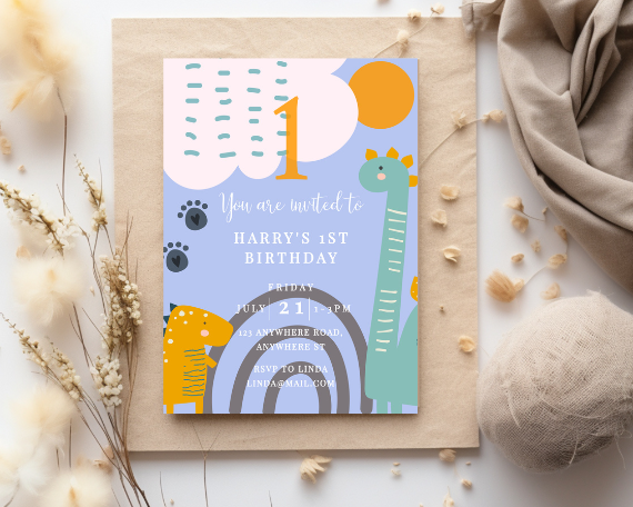 Blue Cute Dinosaur 1st Birthday Party Invitation