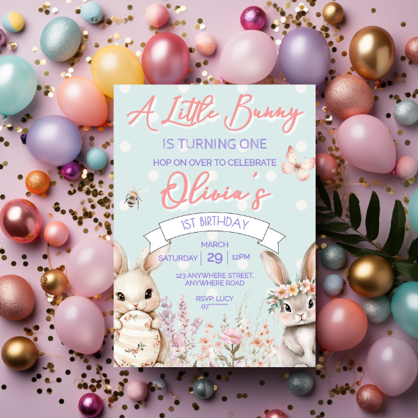 Blue Cute Easter Bunny First Birthday Invitation