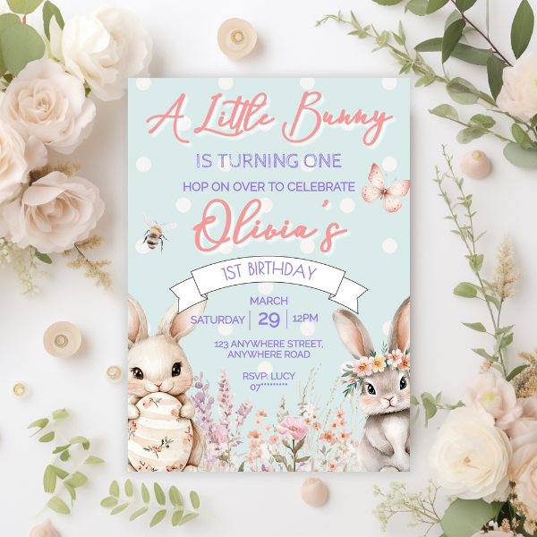 Blue Cute Easter Bunny First Birthday Invitation