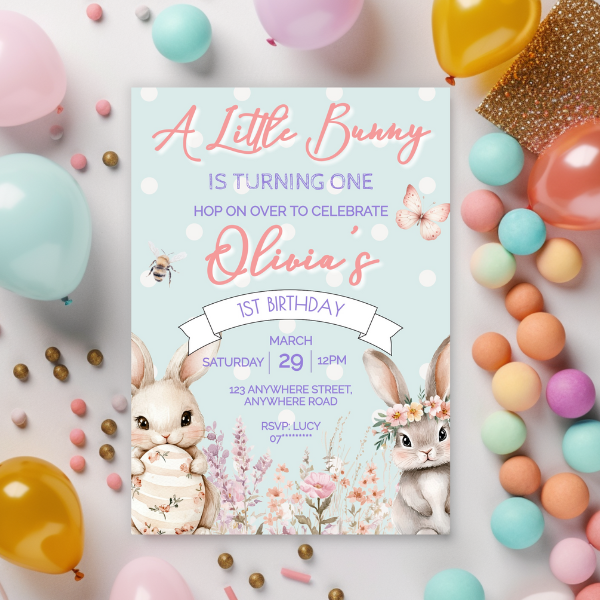 Blue Cute Easter Bunny First Birthday Invitation