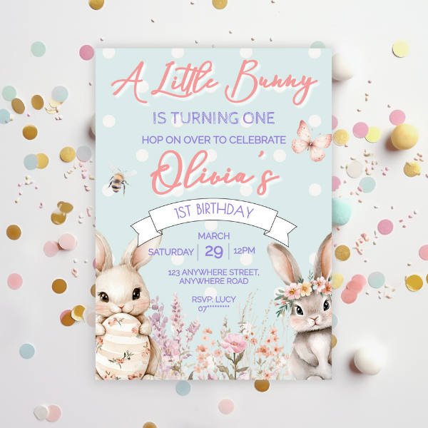 Blue Cute Easter Bunny First Birthday Invitation