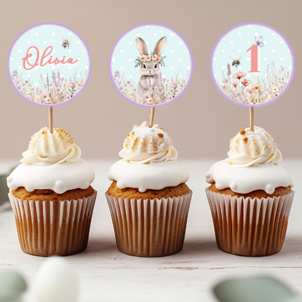 Blue Easter Bunny First Birthday Cupcake Toppers