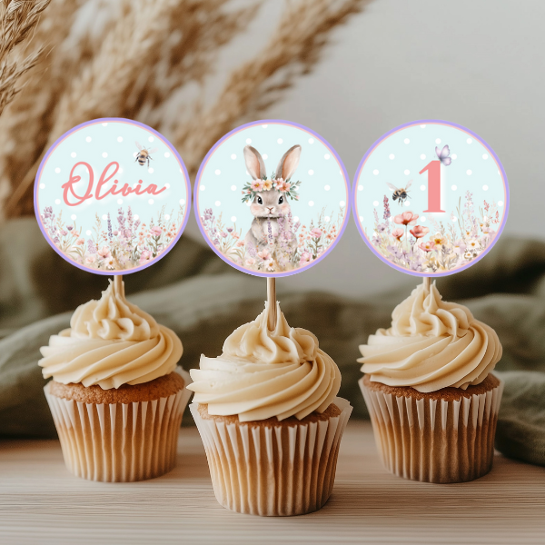Blue Easter Bunny First Birthday Cupcake Toppers