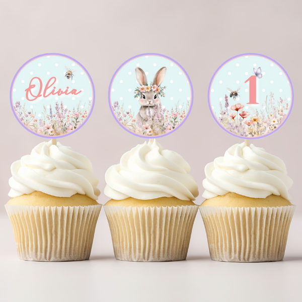 Blue Easter Bunny First Birthday Cupcake Toppers