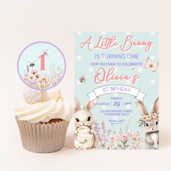 Blue Easter Bunny First Birthday Cupcake Toppers