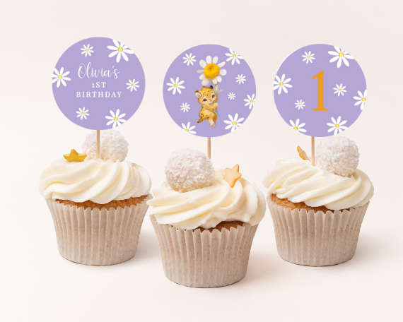 Lilac Daisy First Birthday Cupcake Toppers, Purple Flower Theme, Neutral