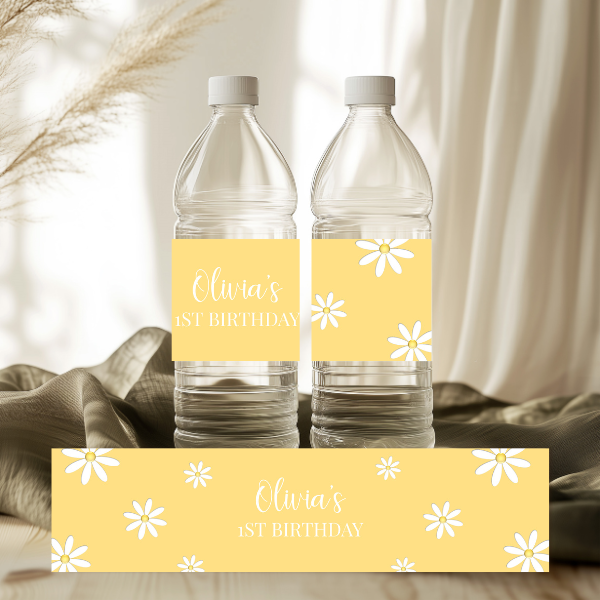 Yellow Daisy First Birthday Water Bottle Label, Flower Theme, Neutral