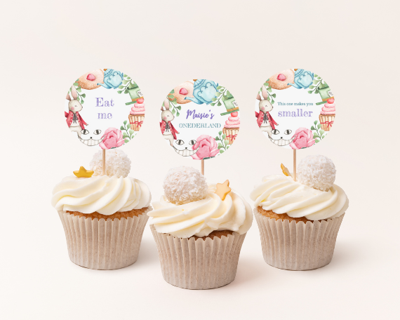Onederland Cupcake Toppers, Colourful Alice in Wonderland Theme, First Birthday