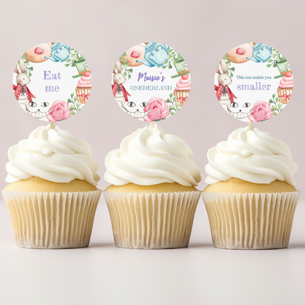 Onederland Cupcake Toppers, Colourful Alice in Wonderland Theme, First Birthday