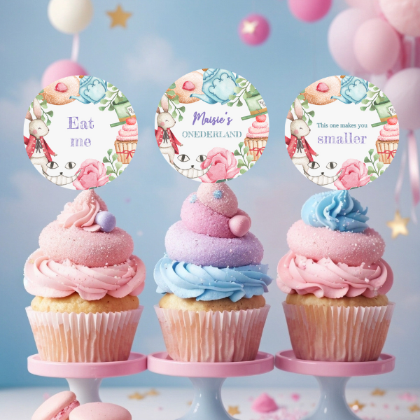 Onederland Cupcake Toppers, Colourful Alice in Wonderland Theme, First Birthday