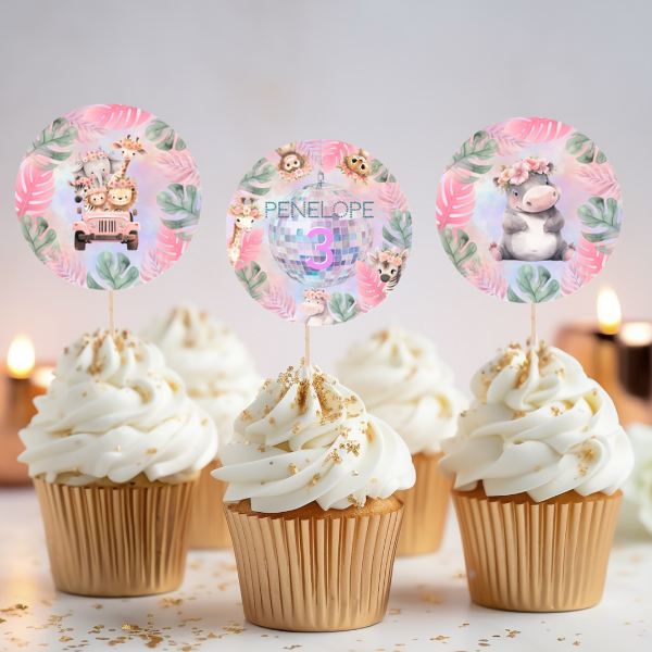 3rd Birthday Party Cupcake Toppers - Pastel Cute Jungle Animals