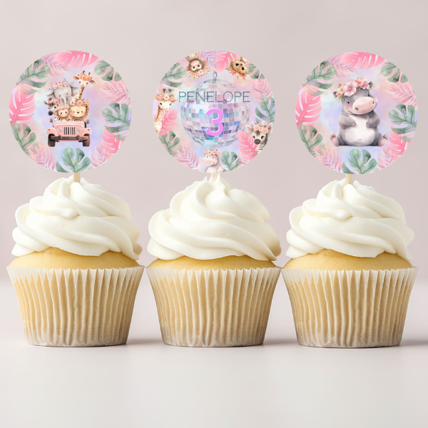 3rd Birthday Party Cupcake Toppers - Pastel Cute Jungle Animals