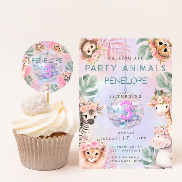 3rd Birthday Party Cupcake Toppers - Pastel Cute Jungle Animals