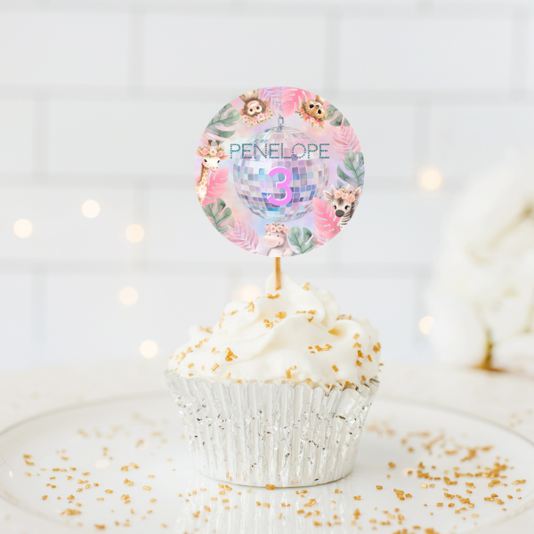 3rd Birthday Party Cupcake Toppers - Pastel Cute Jungle Animals