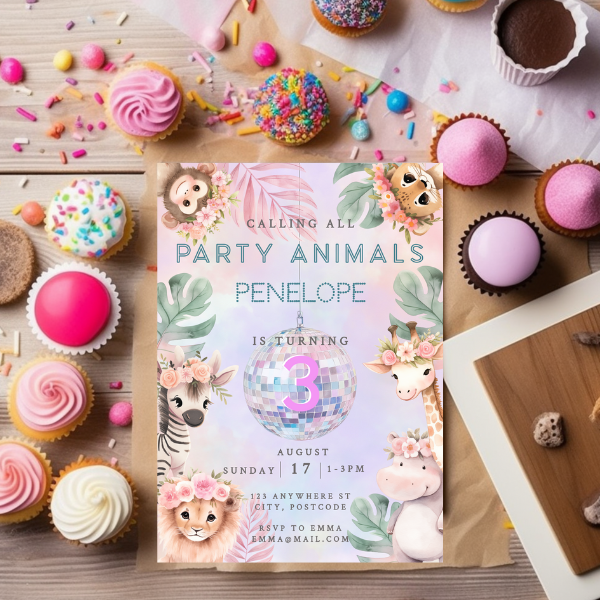 3rd Birthday Party Invitation and Mobile Evite Option - Pastel Cute Jungle Animals