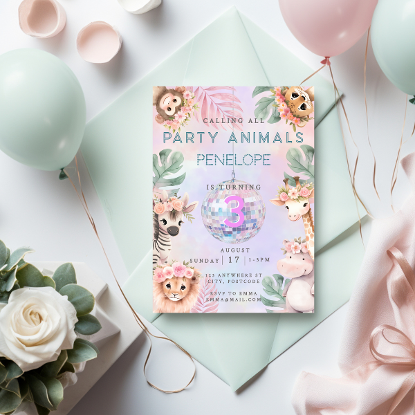 3rd Birthday Party Invitation - Pastel Cute Jungle Animals