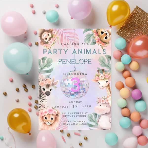 3rd Birthday Party Invitation and Mobile Evite Option - Pastel Cute Jungle Animals
