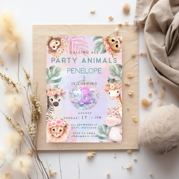 3rd Birthday Party Invitation and Mobile Evite Option - Pastel Cute Jungle Animals