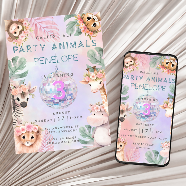3rd Birthday Party Invitation and Mobile Evite Option - Pastel Cute Jungle Animals