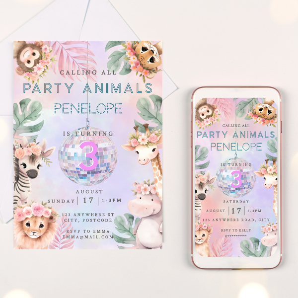 3rd Birthday Party Invitation and Mobile Evite Option - Pastel Cute Jungle Animals