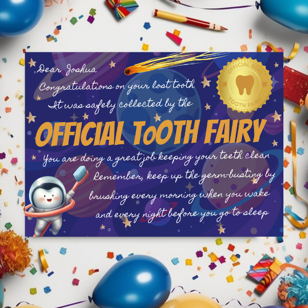 Official Tooth Fairy Certificate and Receipt for Children's Lost Tooth - Space Theme