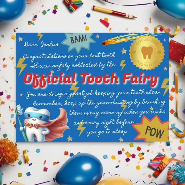 Official Tooth Fairy Certificate and Receipt for Children's Lost Tooth - Superhero Theme